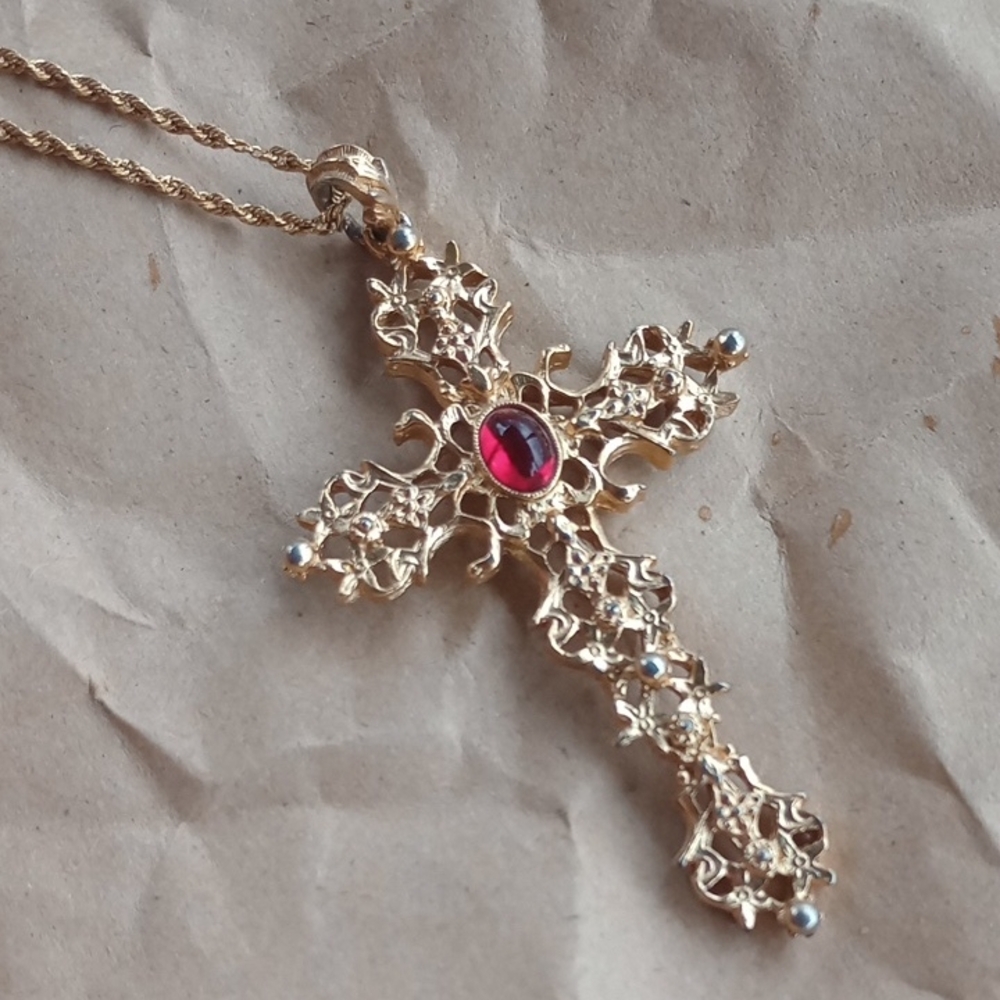 Gold Filigree Cross Pendant Necklace with Red Stone